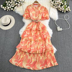 فستان كعكة على شكل حرف A بأكمام منتفخة فرنسية كلاسيكية لطيفة وياقة واقفة ومطبوع على شكل حرف A