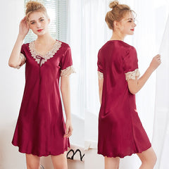 Summer Pajamas Women Silk Ice Pajamas Short Sleeve Nightgown Female Home Wear