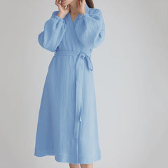 Early spring new French solid color cardigan nightgown double gauze cotton casual fashion home pajamas female cotton