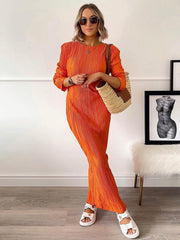 Autumn Winter Women's Solid Color Maxi Pleated Dress Elegant Long Sleeves Slim Bodycon Club Women's Pencil Skirt