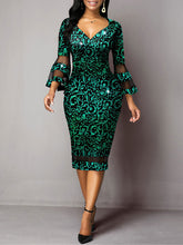 Fashion sexy nightclub style mature woman deep V-neck low-cut printed hollow irregular three-quarter sleeve dress European and American style spring a