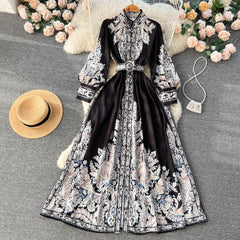 Ethnic court style elegant stand-up collar lantern sleeve printed dress with large A-line knee-length skirt