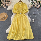 French style gentle and thin embroidery V-neck dress with puff sleeves mid-length skirt