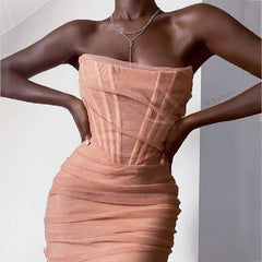 Cryptographic Elegant Corset Bustier Bone Ruched Mesh Midi Dresses Party Night Club Backless Strapless Summer Dress Bodycon
