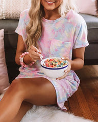 فستان نوم نسائي صيفي موديل 2021 برقبة دائرية وأكمام قصيرة وملابس منزلية