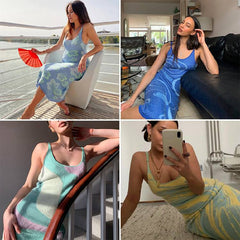 FSDA 2021 Print Knit Bodycon Dress Women Green Y2K Summer Hollow Out Sleeveless Spaghetti Strap Beach Midi Dresses Party
