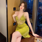 Sexy pajamas women's summer ice silk 2023 new style with chest pad lace suspenders nightdress set nightgown two-piece set