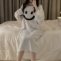 Spring and autumn cotton pull cotton sweet long-sleeved nightdress smiling face mid-length home clothes can be worn outside