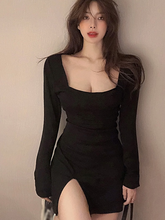 Autumn Split Bodycon Dress Elegant Square Neck Ribbed Black Dress Female Knitted Side Long Sleeve Fashion Mini Dresses Basic