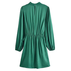 Women Green Color Mini Dress Lantern Long Sleeve Irregular Hem A Line Dresses Female Elegant Side Bow Tie Pleated Dress