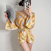 2023 new sexy lingerie sexy pajamas yellow robe cardigan tie kimono bathrobe female uniform suit
