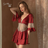 GR رداء حمام نسائي مثير من الدانتيل الساتان ثوب النوم منظور أنثى ملابس نوم حمراء تنورة بيجامة رداء وصيفة العروس