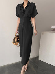 ZANZEA Women Elegant Dresses Solid Turn-Down-Collar Short Sleeve Calf Length Dress Fashion Holiday Casual Loose Ladies Vestido Plus Size