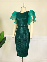 Women Green Dress Sequin Bodycon Party Sheath Sexy Ruffle Sleeve Spring Summer Birthday Celebrity Gowns African Big Size 3XL 4XL