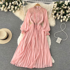 French temperament waist slimming knee-length long skirt pleated skirt French retro big long skirt round neck dress