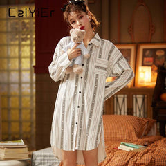 CAIYIER 2020 شريط المرأة الترفيه ثوب النوم بدوره إلى أسفل طوق البشكير Witer أكمام طويلة للسيدات قميص تنورة فتاة فستان النوم