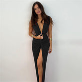 European and American style 2023 spring and summer new women's clothing fashion backless sexy V-neck leg length slit dress female