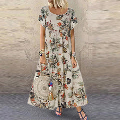 2022 Vintage Cotton Linen Floral Print Short Sleeve Crew Neck Dress