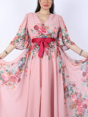 Pink Printed Chiffon Bow Tie Dress