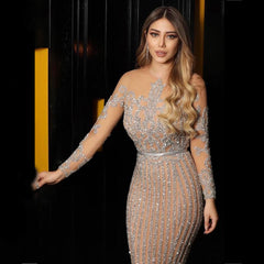 عرض ساخن فستان حفلة موسيقية جديد 2022 مثير باللون البرنز بأكمام طويلة وتنورة طويلة