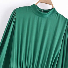 Women Green Color Mini Dress Lantern Long Sleeve Irregular Hem A Line Dresses Female Elegant Side Bow Tie Pleated Dress