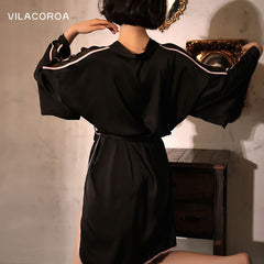 Elastic satin cross bandage long sleeve women's bathrobe line segmentation sexy black gown pajamas deep V women's