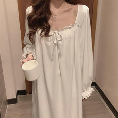 QWEEK Nightdress Women Autumn Long Nightgown Lace Sleepwear Long Sleeve Nightwear White Sleeping Dress Plus Size 3XL