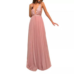 New women's elegant sequins split sexy V-neck backless evening dress long skirt