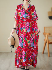 Women's summer V-neck cotton silk large size loose literary holiday style beach dress retro meat-covering long robe