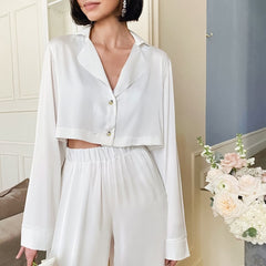 White Nightgown Turn Down Collar Pyjama Flare Trouser Suits For Wedding Crop Top Pajama Set Woman 2 Pieces Homewear