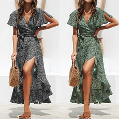 فستان ماكسي صيفي للشاطئ للنساء فستان بوهو طويل من الشيفون مطبوع عليه زهور مكشكش ملفوف غير رسمي بفتحة رقبة على شكل حرف v فستان مثير للحفلات رداء