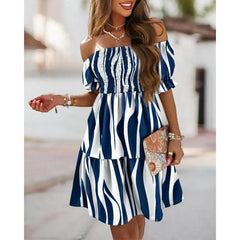 New style tube top short-sleeved neckline waist pleated print dress women