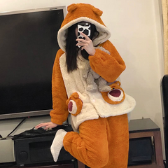 Plush strawberry bear pajamas for women new autumn and winter thickened plus velvet couple hooded cardigan home wear set