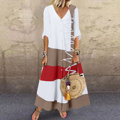 ZANZEA ladies European and American style contrast stitching design V-neck buttoned long-sleeved shirt dress Fashion trend elegant and ankle skirt loose spring and summer daily casual bohemian vacation style shirt dress large size