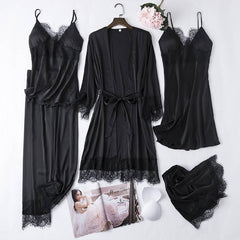 Sexy Full Slip Lace White Silk Pajamas Set Women 5PCS Chemise Bride Wedding Robe Nightgown Sleepwear Kimono Bathrobe Lingerie