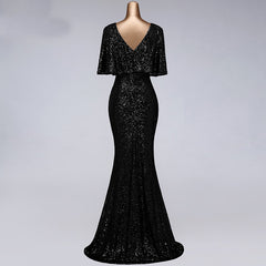 Ladies V-Neck Long Slim Fit Fishtail Sequin Party Evening Dress.