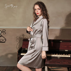 Guiruo European and American spring and summer home service s exy deep v simulation silk private room mid-length nightgown bathrobe set