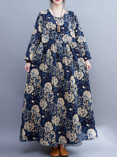 Ethnic style cotton and linen new literary plus size women's clothing fat MM plus fertilizer to increase printing long-sleeved dress women