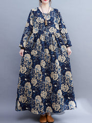 Ethnic style cotton and linen new literary plus size women's clothing fat MM plus fertilizer to increase printing long-sleeved dress women