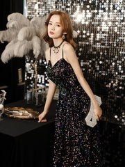 رائجة البيع جديد أسود الترتر ضوء فستان فاخر نسيج حفلة عيد ميلاد فستان طالب الحمالة فستان الإناث مقطع طويل