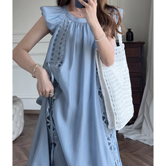 Summer New Ladies Tencel Small Flying Sleeves French Waist Dopamine Blue Designer Dress