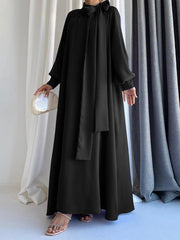 ZANZEA Fashion Bow Tie Neck Baggy Dresses Women Casual Puff Sleeve Solid Color Oversize Maxi Dress Elegant Party Long Robe