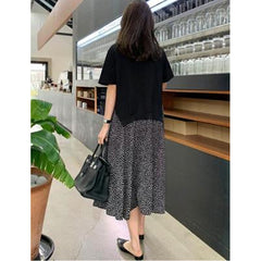 2023 summer new large size women's short-sleeved T-shirt splicing dot printing dress round neck fake two-piece long skirt