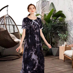 New Modal Nightdress Women Short Sleeve Gradient Long Sleepdress Nightgown Breathable Elastic Collar Floral Sleepwear Loungewear