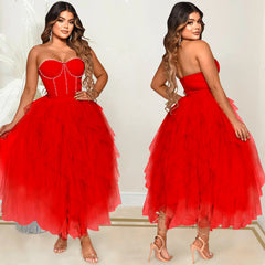 European and American dress fashion solid color hot drill tube top fluffy mesh dress women's