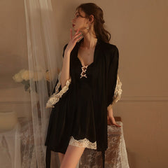 New Satin Smooth Deep V Slip Nightdress Patchwork Lace Robe Solid Color For Ladies Sexy Sleepwear Bridal Red Nightgown Bathrobe