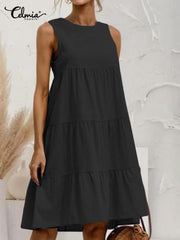 Celmia Elegant Dresses For Women 2022 Solid O Neck Sleeveless Slip Dress Pleated A-Line Vestidos Bohemian Party Casual Summer Plus Size Short Dresses