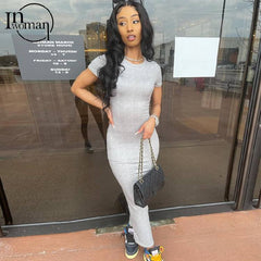 Inwoman Summer Black White Sexy Short Sleeves Knitted Clubwear Bodycon Booty Maxi Dress Women Female Party Sheath Dresses 2021