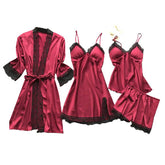 Lace Up Lingerie Pajamas Set Nightdress Women Long Silk Dressing Gown Bath Robe Sleep Wear Four piece Suit Sleepwear