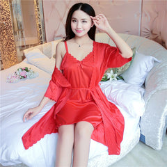 Pajamas women's spring and summer sexy ice silk suspenders nightdress thin two-piece large size home clothes
